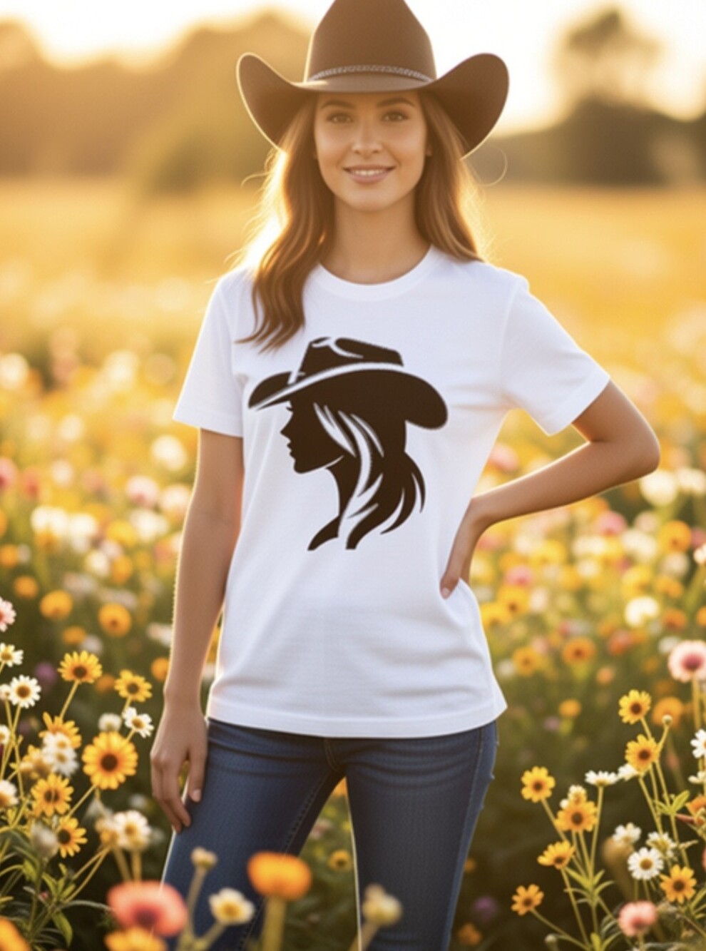 Boutique Hand-Rhinestoned Cowgirl Graphic Tee - Premium Crystals